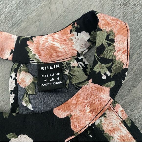 Floral Sleeveless Blouse Pink Flowers Black Medium Keyhole Back Tie - Picture 3 of 12